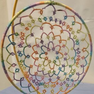 Colorful dreamcatcher featuring intricate lace patterns in pastel hues