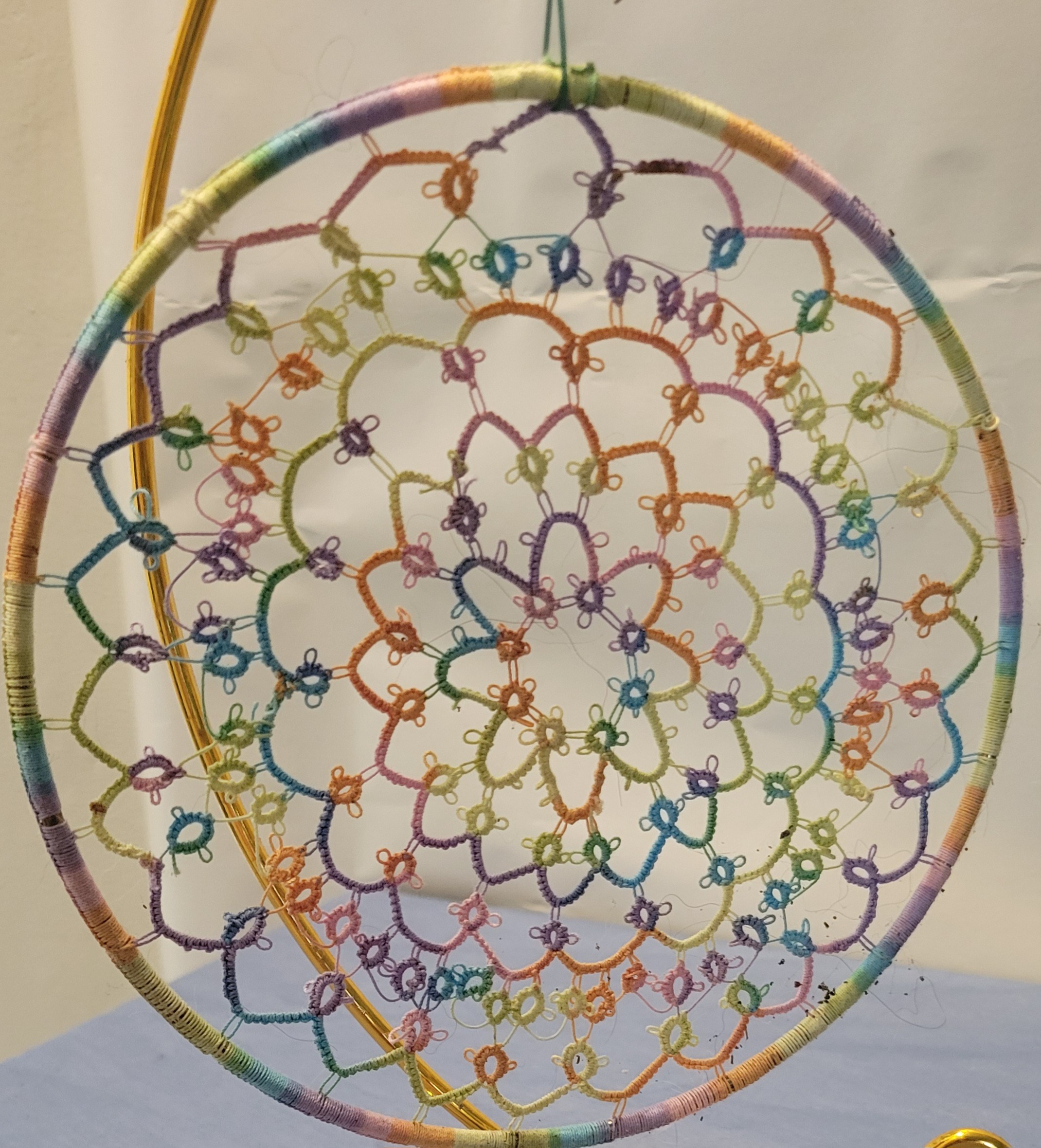 Colorful dreamcatcher featuring intricate lace patterns in pastel hues