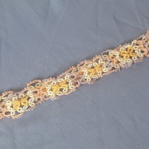 Hand-tatted floral lace hat band in cream, yellow, lavender, and dusty rose with repeating flower motifs. Hat not included.