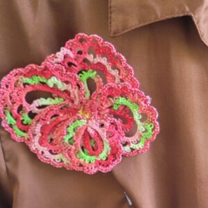 Summer Garden hand-tatted hat and lapel pin with layered red, pink, and green floral lace